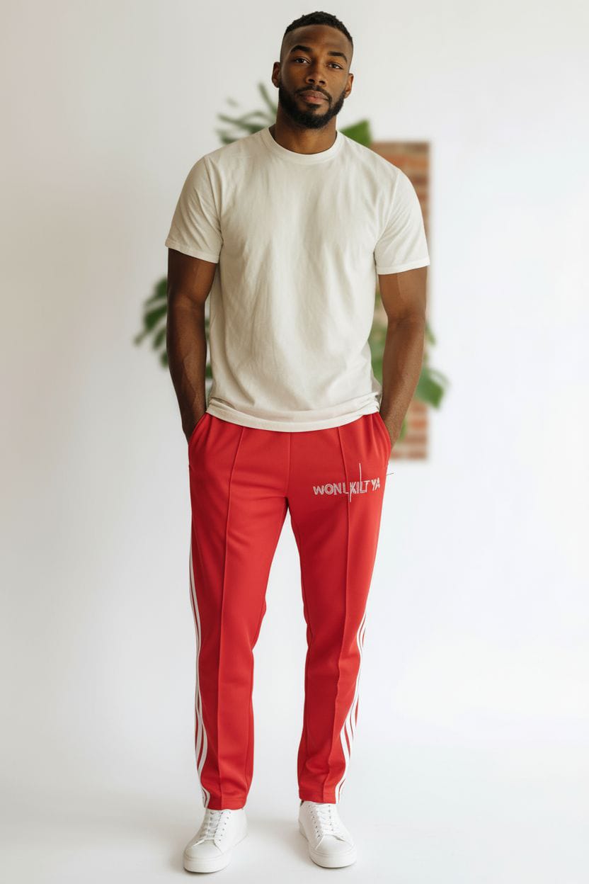 Red Track Pants with White Stripes & Center Text